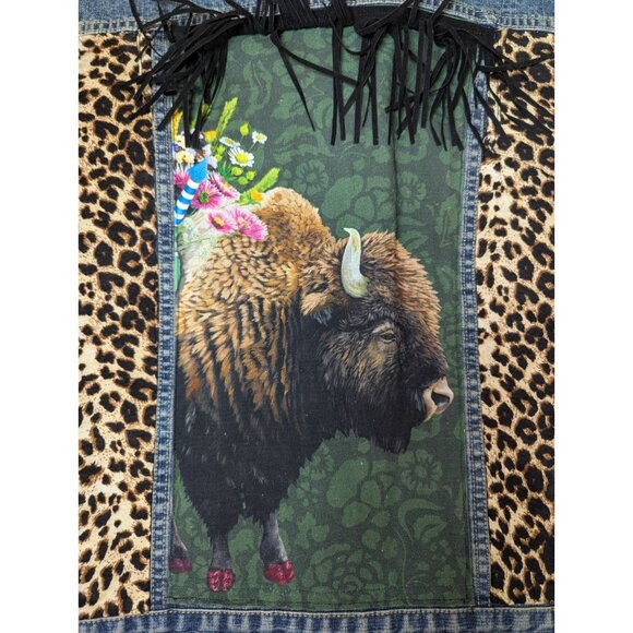 Vtg Womens Large Vest Denim Buffalo Cheetah Embroidery Fringe Bling War Bonnet - Picture 10 of 10
